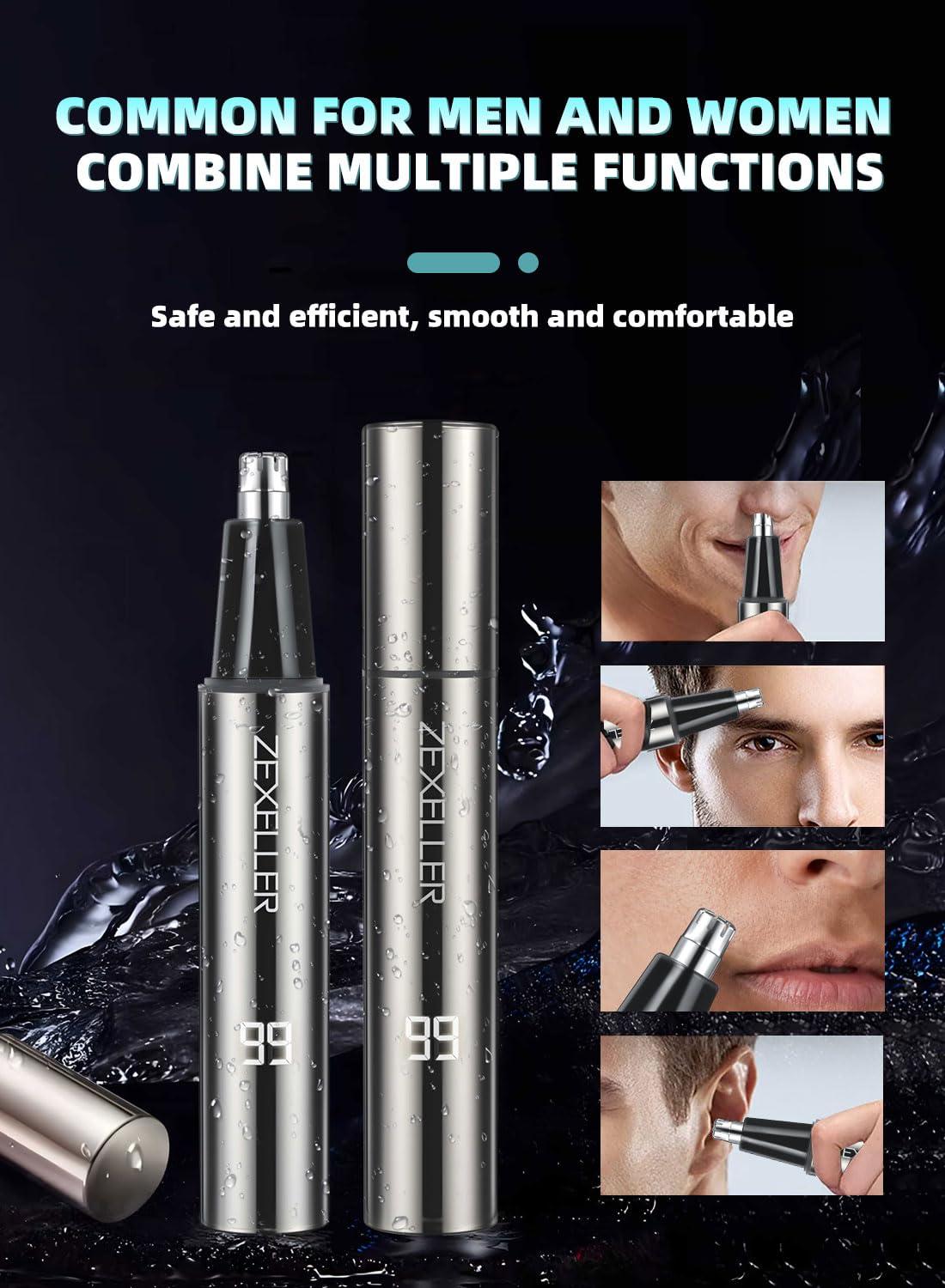 ZEXELLER ZEXELLER Ear and Nose Hair Trimmer with LED Display, Two Gear Adjustment Mode, Painless USB Rechargeable Nose Trimmer for Men Women, Professional IPX7 Waterproof Dual Edge Blades Nasal Trimmer