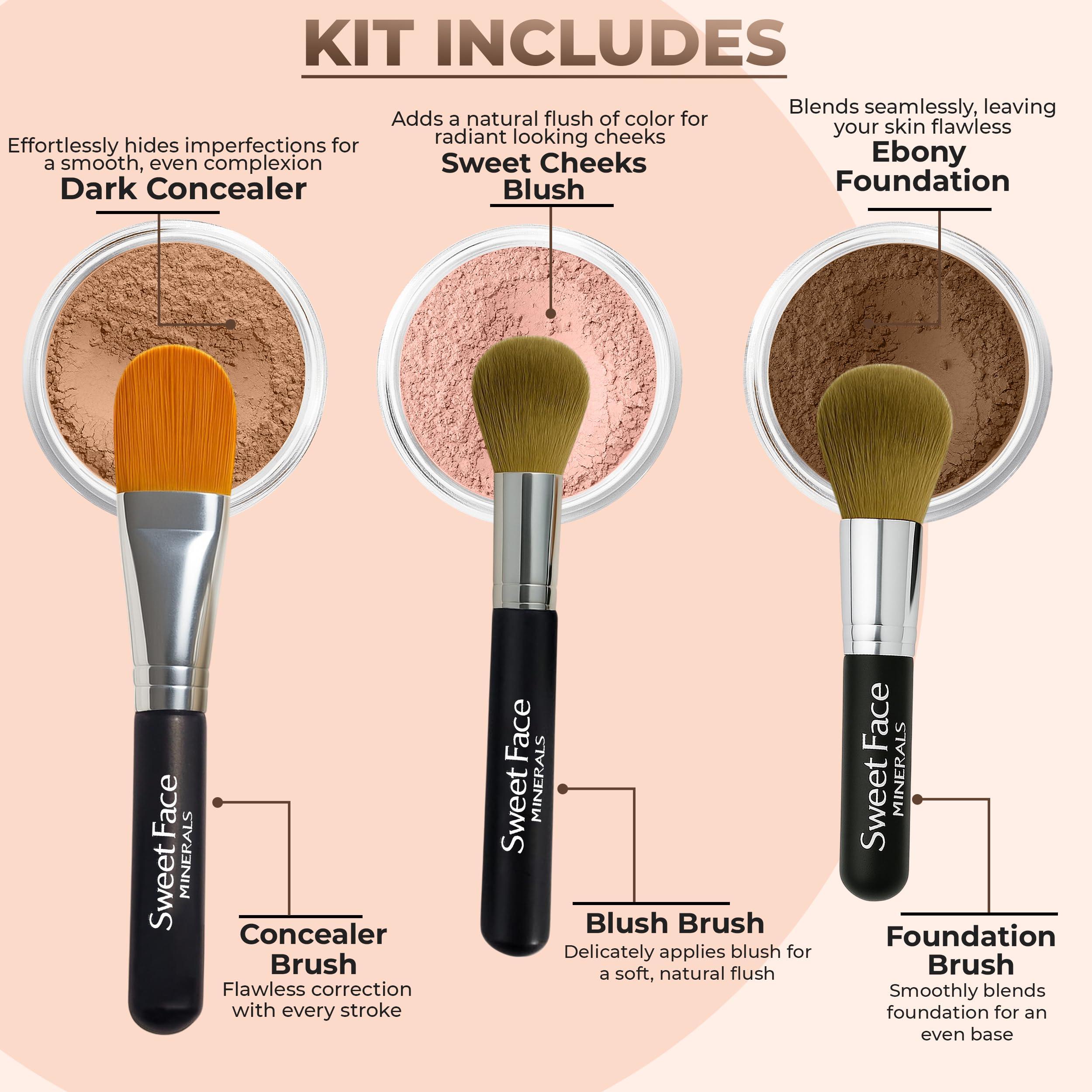Sweet Face Minerals TRIO WITH BRUSHES (EBONY) Full Size Kit Mineral Makeup Brush Set Foundation Concealer Blush Bare Face Sheer Powder Cover