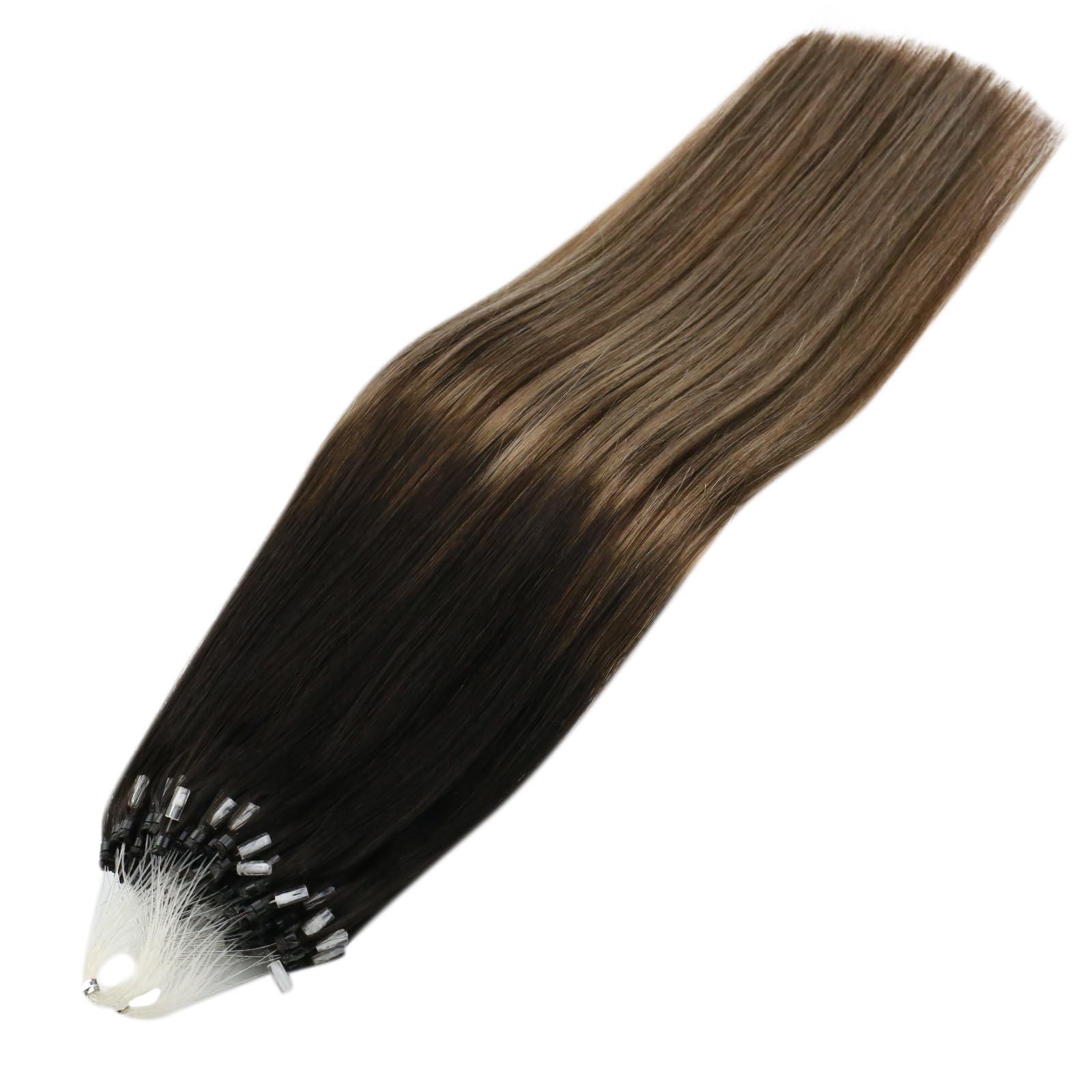 Sunny Hair Sunny Hair Micro Link Hair Extensions Human Hair MicroLink Hair Extensions Human Hair Black Balayage Dark Brown Ombre Medium Ash Blonde Micro Beads Hair Extensions Simplify Maintenance 50g 22inch