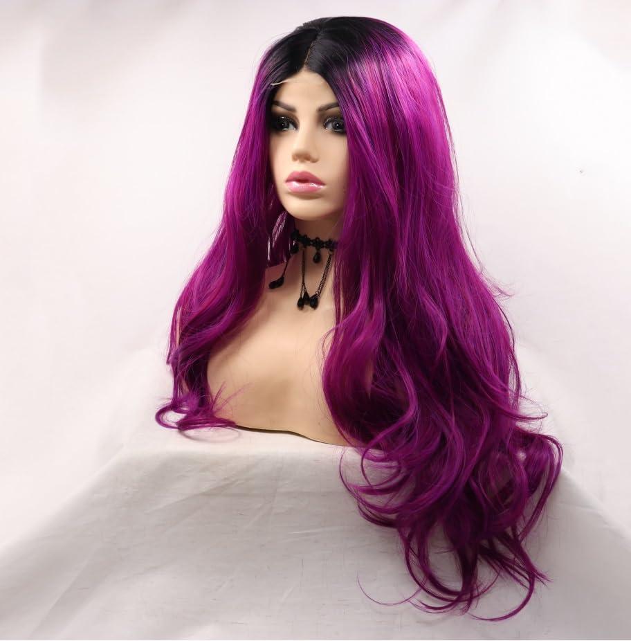 xiweiya xiweiya Long Purple Lace Front Wigs with Dark Roots Middle Part Purple Synthetic U Part Lace Front Wigs Natural Hairline Heat Resistant Hair High Density Wig for Women 26 Inch