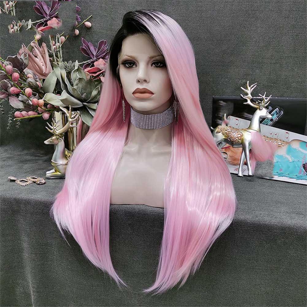 Generic Pink Wig Synthetic Lace Front Wig Dark Root Straight Hair Wigs 24 Inch Cosplay Wigs For Women Pink Lace Front#24inches