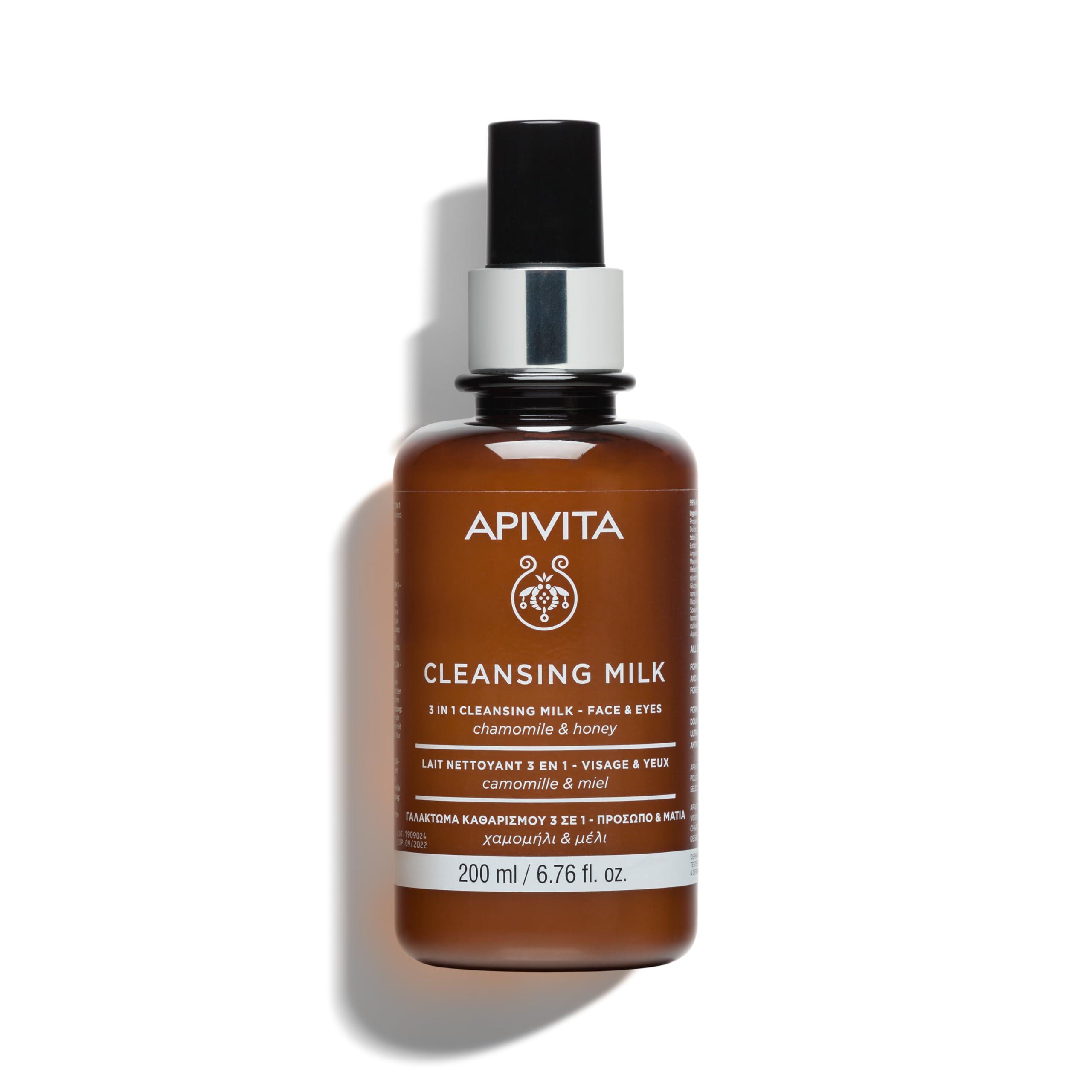 Apivita APIVITA Cleansing Milk | Hydrating & Smoothing 3-in-1 Cleansing Milk Face & Eye Cleanser + Makeup Remover with Chamomile & Honey, 200 mL / 6.67 oz