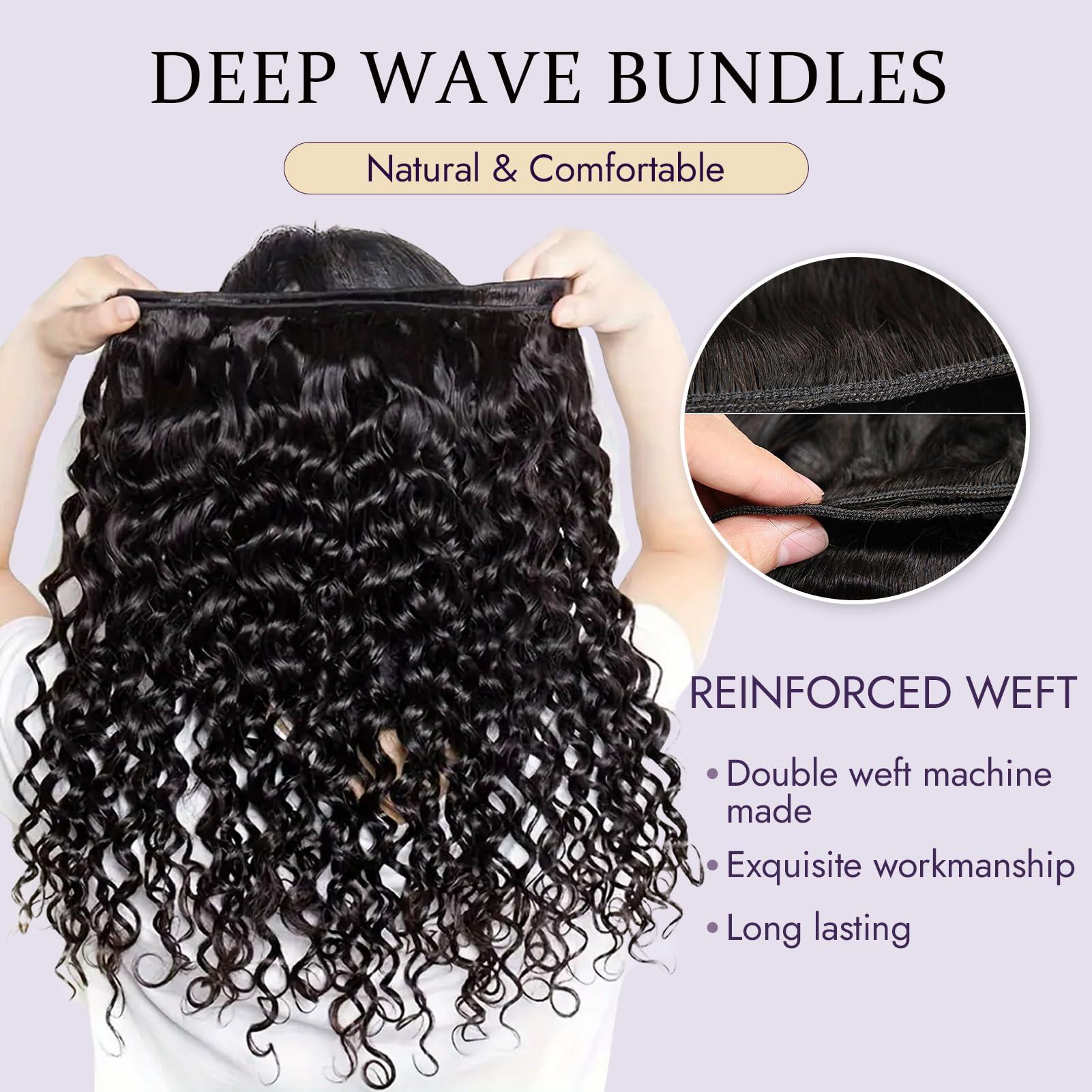 WKONE 28 28 28 Inch Deep Wave Bundles Human Hair 12A Brazilian Deep Wave Human Hair Bundles 100% Unprocessed Virgin Deep Curly Human Hair Weave 3 Bundles Natural Color Water Wave Bundles