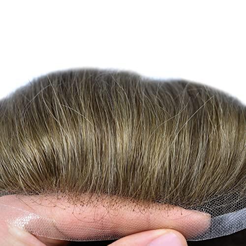 JUST HAIR Toupee for Men Human Hair Replacement Systems Full French Lace Mens Toupee Hairpieces Bleached Knots Swiss lace Hair Systems for Men All Lace Male Wig Unit(8X10\"-120% density#610 Light Brown with 10% Gray )