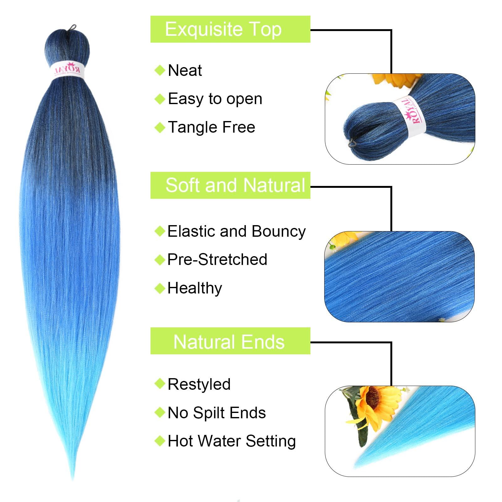 Royal Collection Pre stretched Braiding Hair Ombre Blue Hair Extensions Long Braid 30inch 6 Packs Synthetic EZY Braid Hair for Braiding Hair Easy Braids Yaki Hair(30inch T1b/blue/Light blue#)