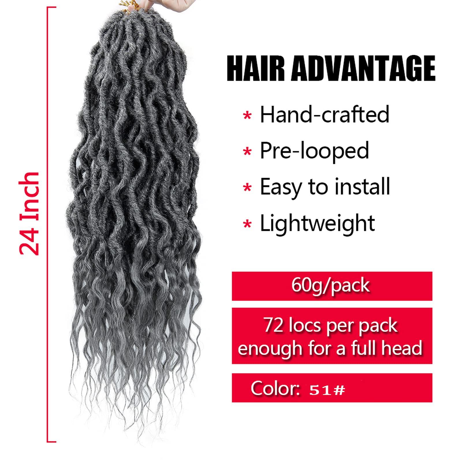 BEkjdiof Goddess Faux Locs Crochet Hair 24Inch 6Packs Pre-looped Goddess Locs Crochet Hair,Curly Locs Crochet Hair Soft Dreadlocks Faux Crochet Locs Synthetic Crochet Braids for Black Women(24'', Grey)