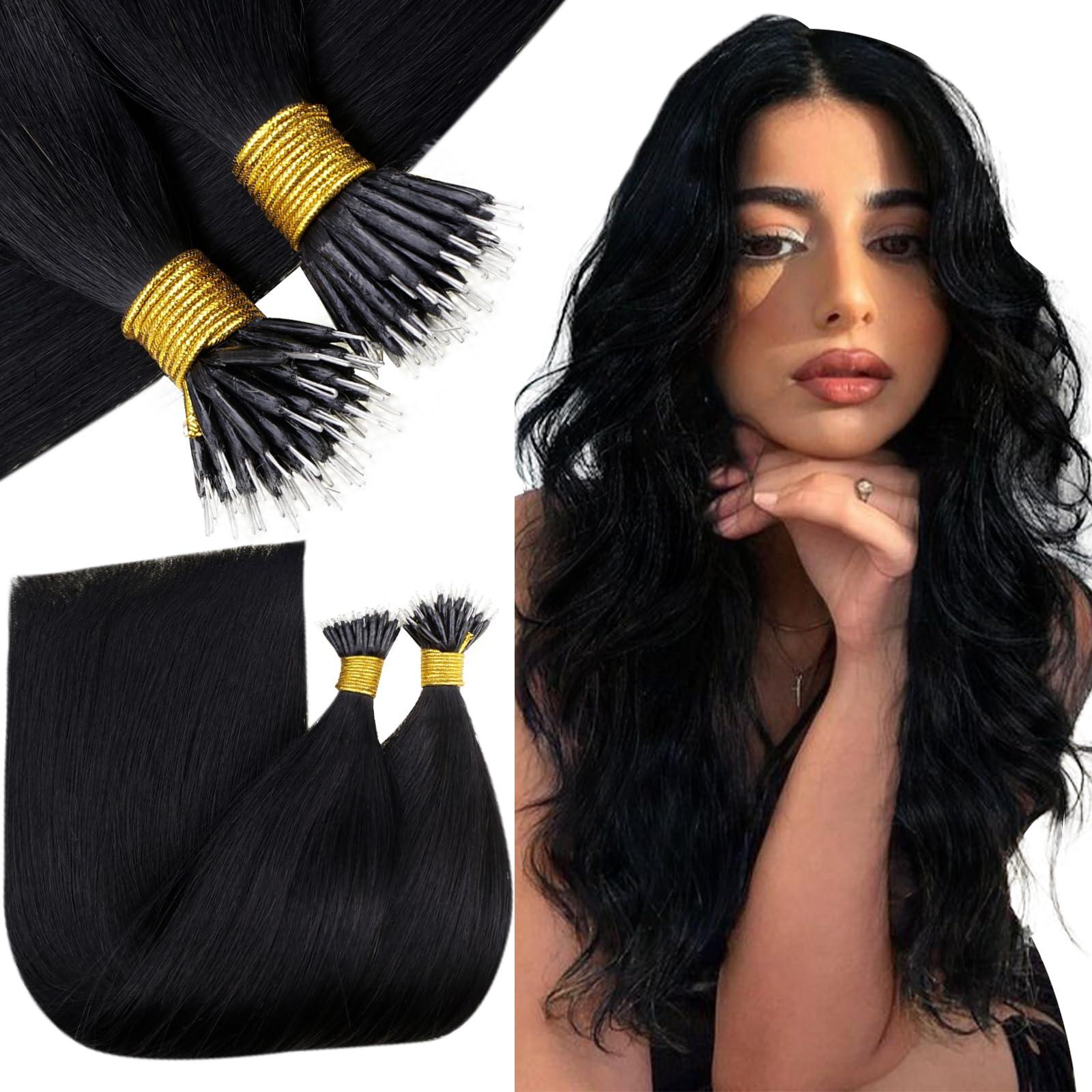 RUNATURE RUNATURE Nano Hair Extensions Human Hair 24 Inch Jet Black Nano Ring Hair Extensions Brazilian Straight Nano Bead Hair Extensions Human Hair Invisible Nano Human Hair Extensions Long 50g 50s