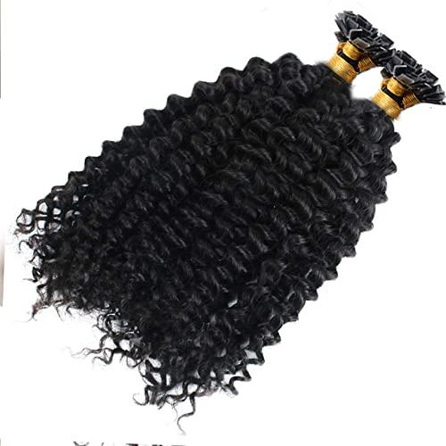 RJ HAIR Long Kinky Curly Flat Tip Human Hair Extensions Flat Tip Keratin Hair Extensions 100strands Fusion Pre Bonded Human Hair Natural Color (28nch 100 strand, 2(Darkest Brown))