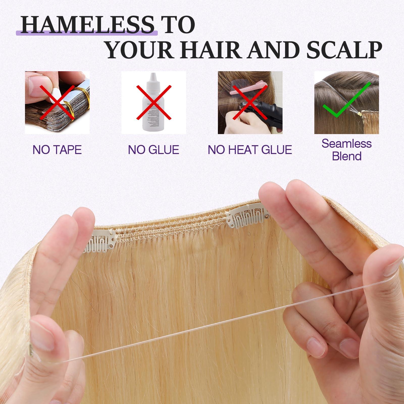 prokyvity Halo Hair Extensions Real Human Hair,Prokyvity Halo Hair Extension 100% Human Hair,Halo Extensions Real Human Hair,Human Hair Halo Extensions,Halo Hair Extension,60 Platinum Blonde 18inch