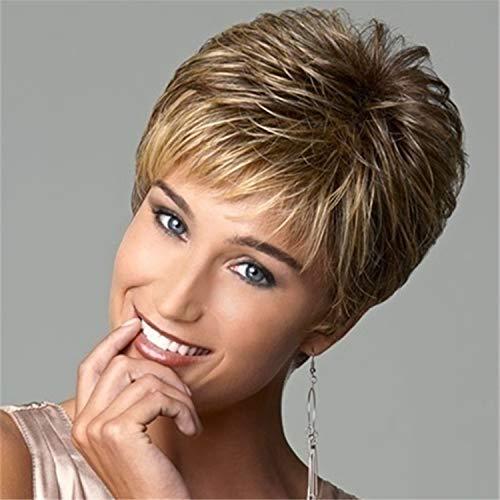 Andongnywell-Accessories Short Fluffy Wigs Heat Resistant Synthetic Fiber Hair Extension Replacement Wig Pixie Cut Human Hair Mixed Hair Wig (Gold Brown,One Size)