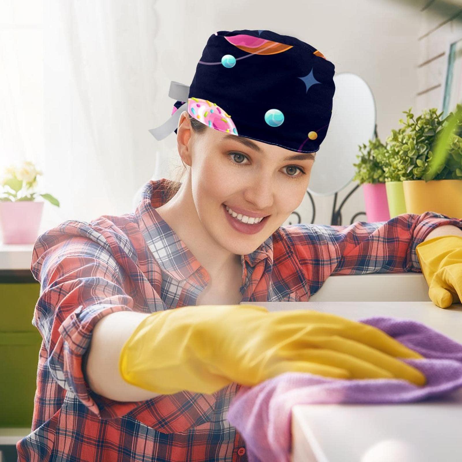 Lyetny Space Donut Planet Universe Scrub Caps Hats Women Bouffant Working Hat Ponytail Holder for Women Long Hair Covers 2PCS