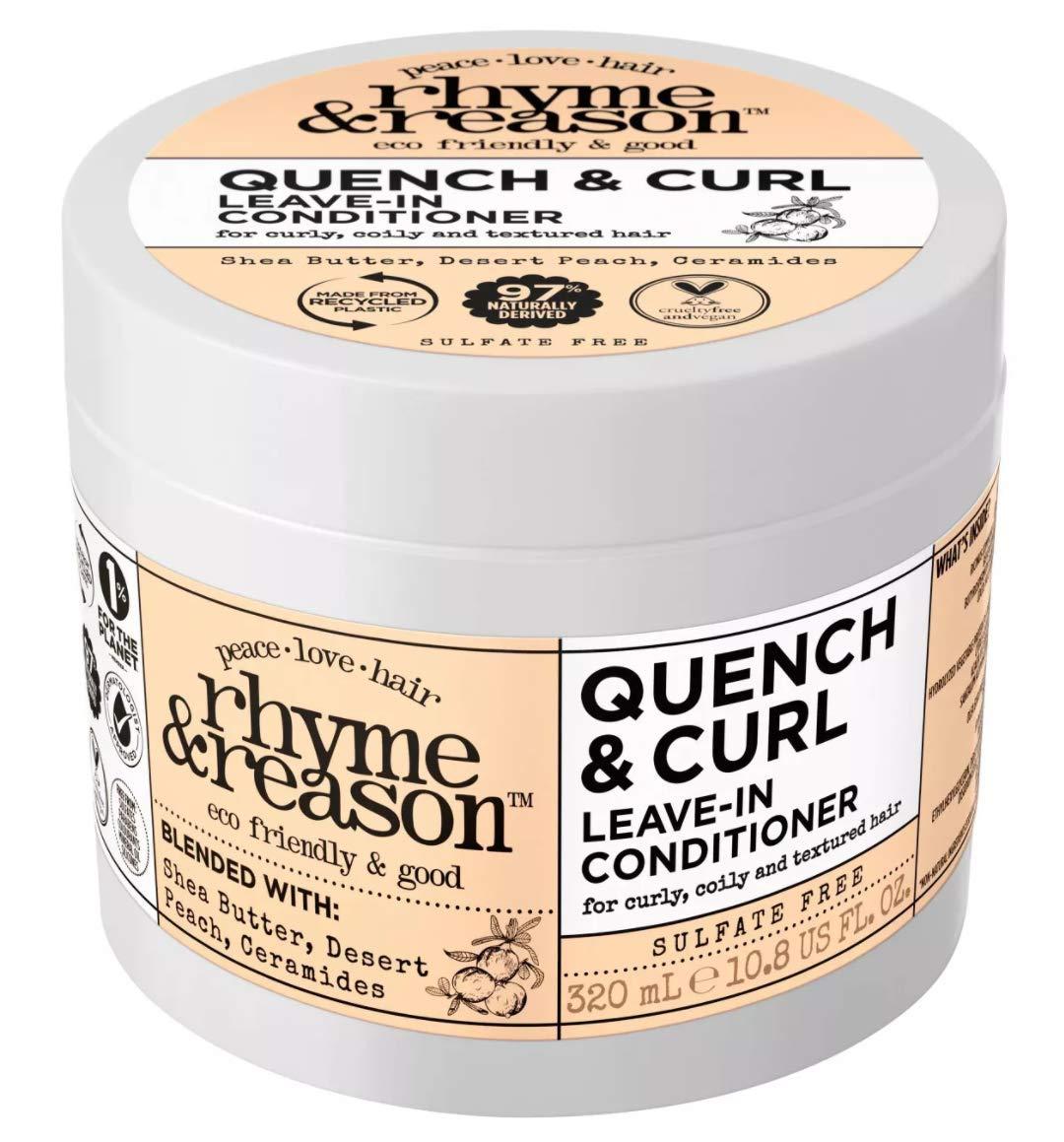 RR Hair Rhyme & Reason Quench and Curl Leave-In Conditioner. 10.8 Fl Oz. For Curly, Coily, and Textured Hair. Blended with Shea Butter, Desert Peach Ceramides. Vegan, Sulfate and Cruelty Free.