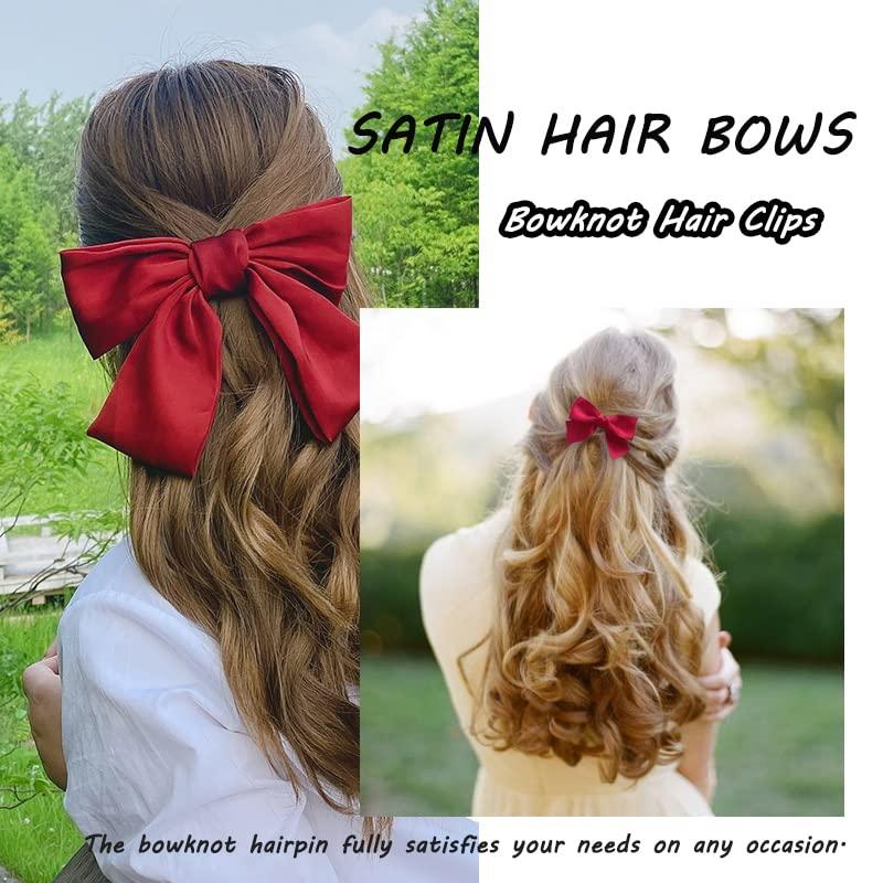 DIKEWEN Red Hair Bow - 5PCS Hair Bows for Women Big Red Bow for Hair Oversized Ribbon Bowknot Hairclip Soft Silky Satin Hair Bow Long Tail Hair Bows Clips French Barrette Hair Accessories Gift for Women Girls