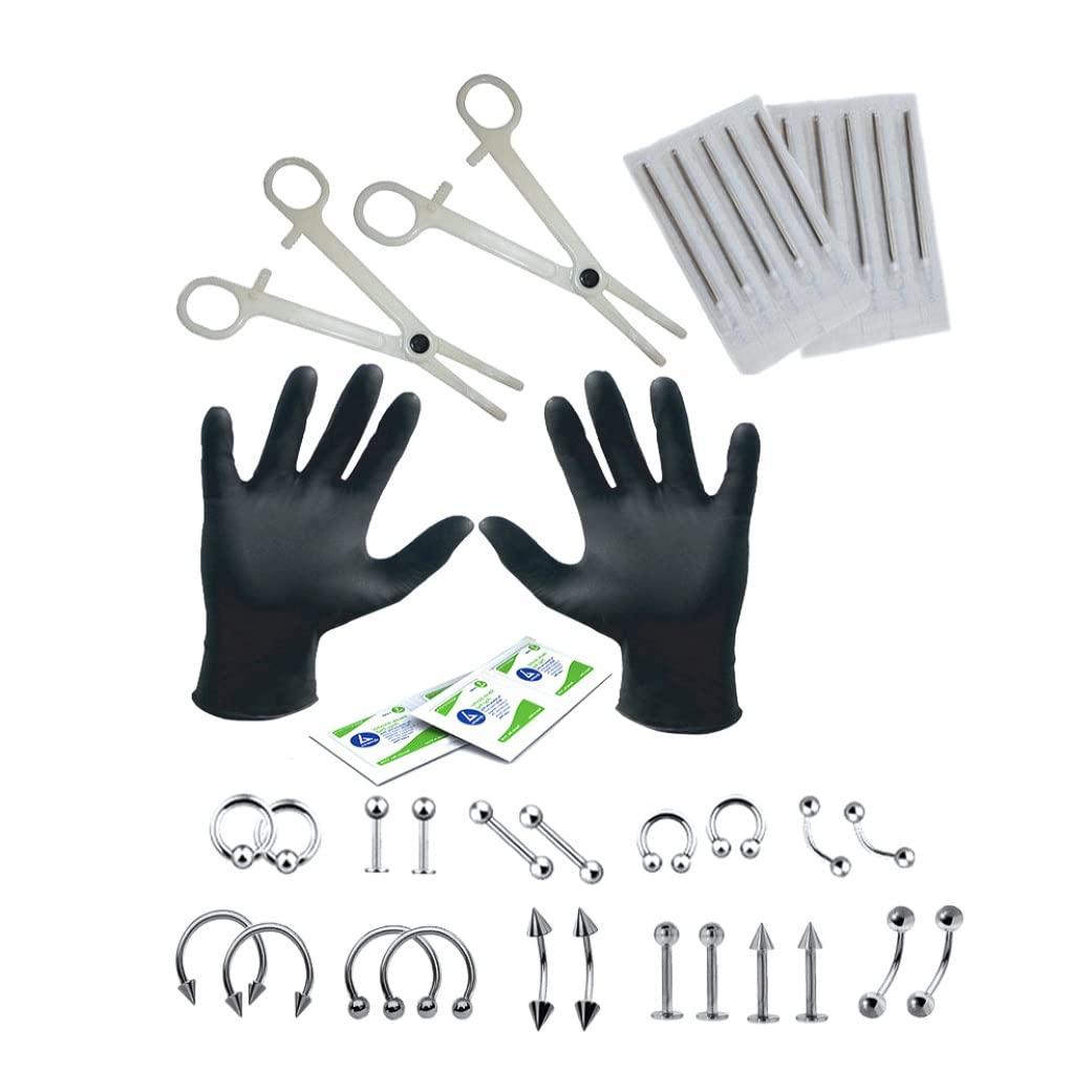 Pineeseatile Professional Piercing Kit Ear Nose Navel Nipple Piercing Set with Jewelry Needles Gloves Piercing Supplies 1Set