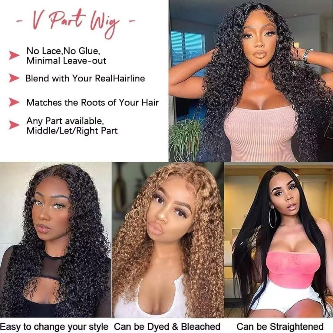 Qunatuma V Part Wig Human Hair No Leave Out Upgrade U Part Wig Human Hair for Women 150% Density Curly V Part Wig Kinky Curly Thin Part V Shape Wig No Glue No Sew Clip In Half Wig Natural Black Color 30 Inch