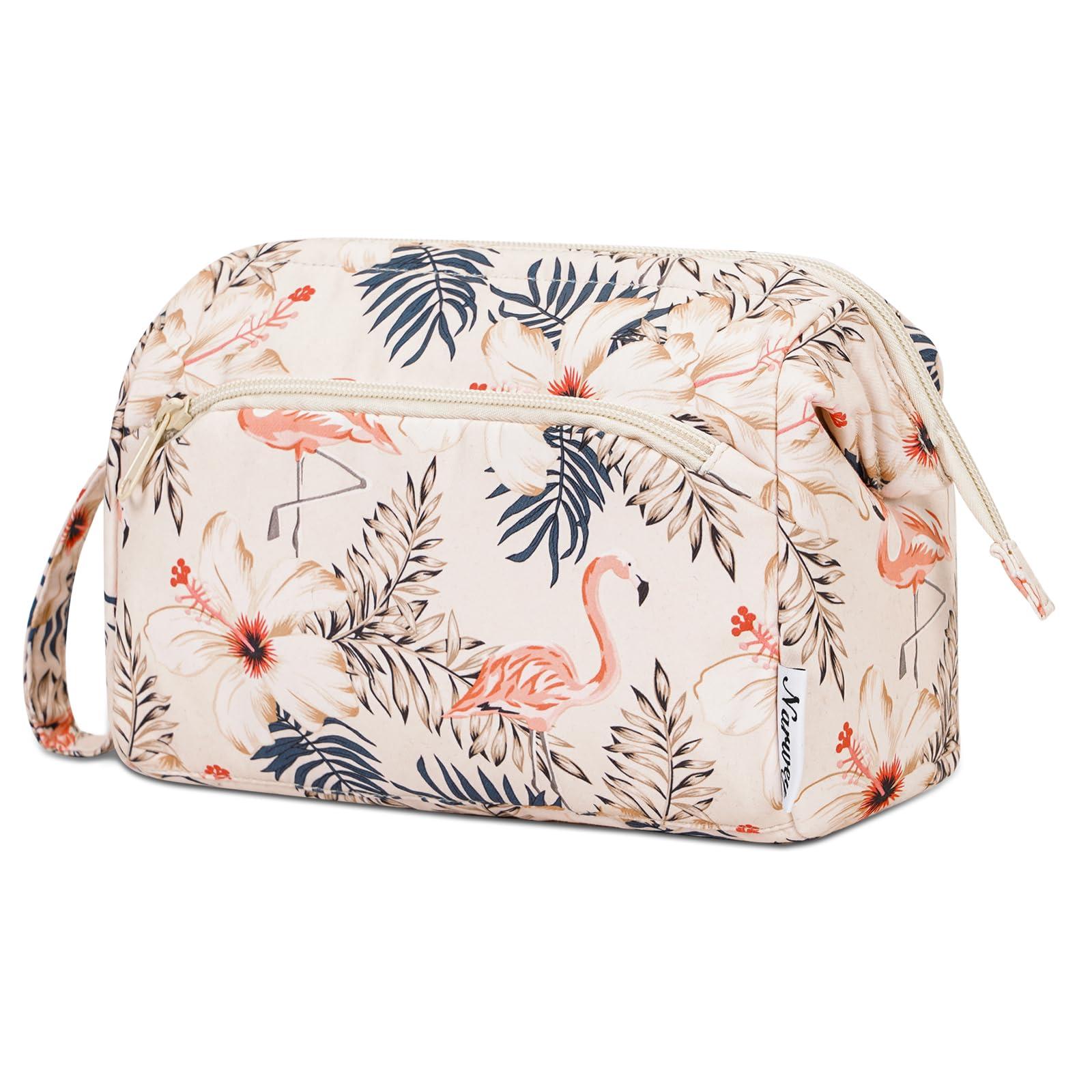Narwey Narwey Large Women Makeup Bag Wide-open Make up Bag Travel Cosmetic Organizer Toiletry Bag for Cosmetics Toiletries Accessories (Beige Flamingo)