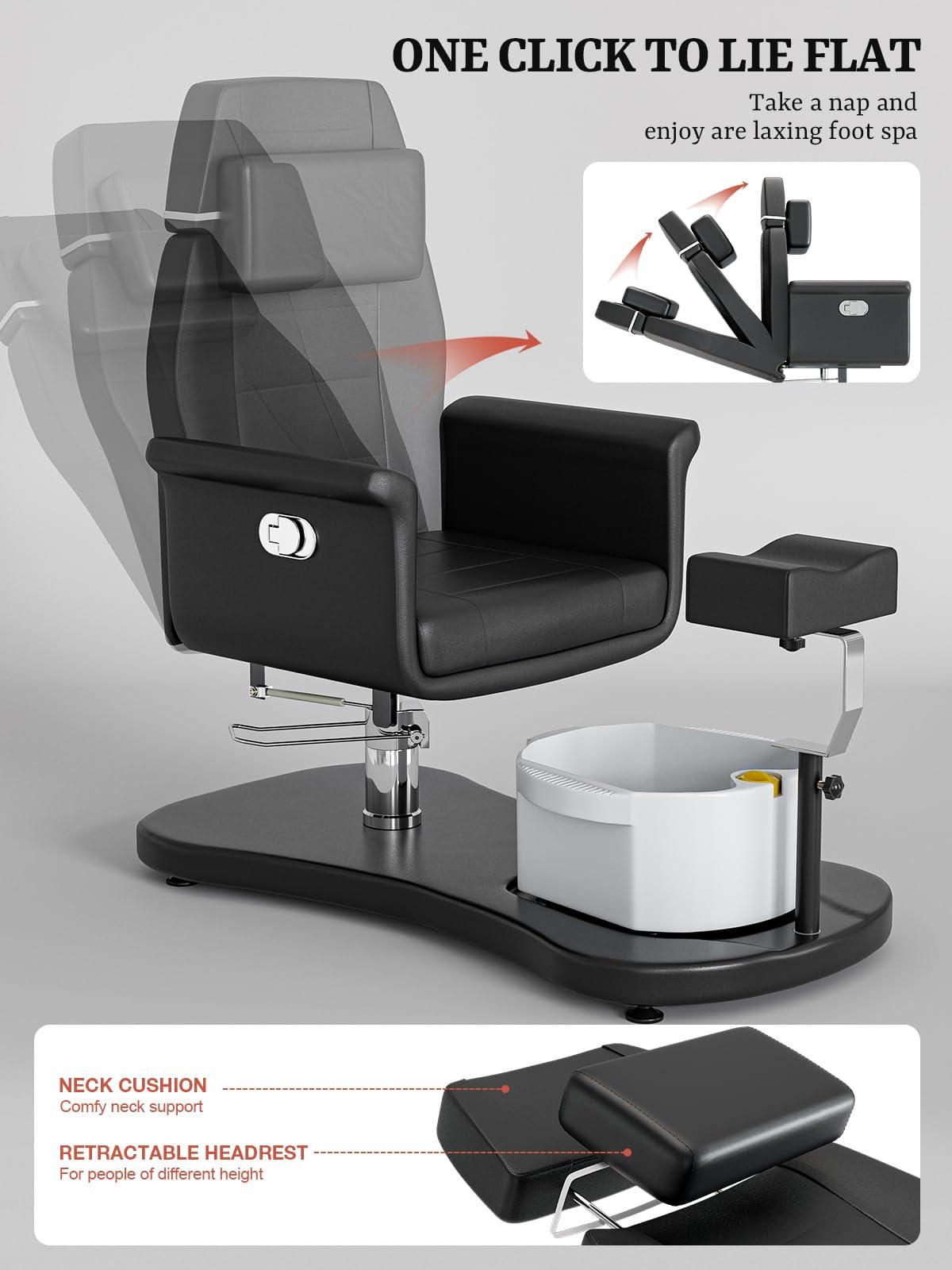 OKAKOPA OKAKOPA Pedicure Chair No Plumbing, Portable Pedicure Station for Nail Tech, 360 Swivel Reclining Salon Pedicure Chairs w/Stool, Massage Basin, Footrest for Foot Spa, Black