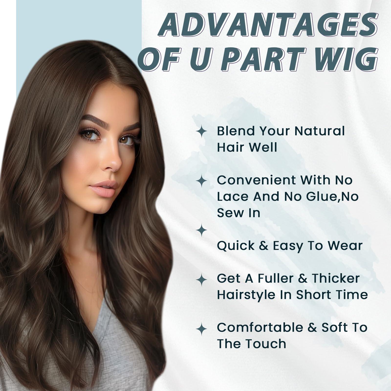 RUNATURE RUNATURE U Part Wig Human Hair Dark Brown U Part Human Hair Wig 12 Inch 150% Density Hair Wig Glueless Clip in Half Wig Middle Cap U Shape Wig Brazilian Remy Straight Hair