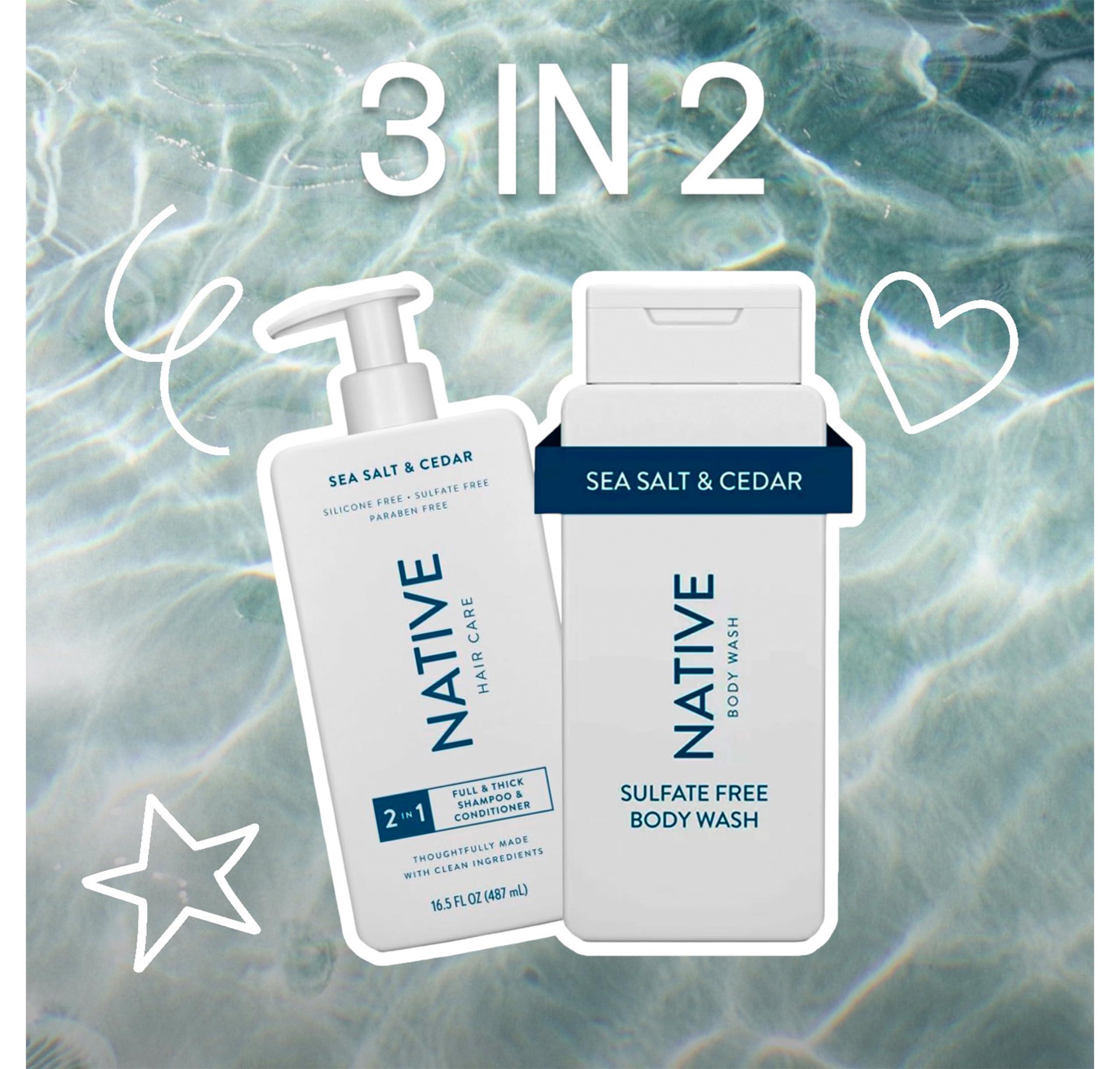 Hair Care And Body Wash Native - Hair and Body Wash - 2 in 1 Shampoo and Conditioner And Body Wash - Sea Salt & Cedar - Contain Naturally Derived Ingredients | All Hair - 16.5 and 18 FLOz - Pack Of 02
