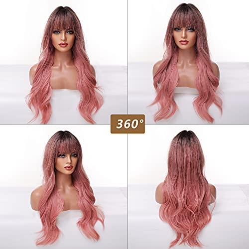 EMMOR EMMOR Long Ombre Pink Wig for Women - Natural Curly Hair Synthetic Wigs With Bang Dark Root, Party Cosplay Daily Use (2pcs Free Wig Cap)