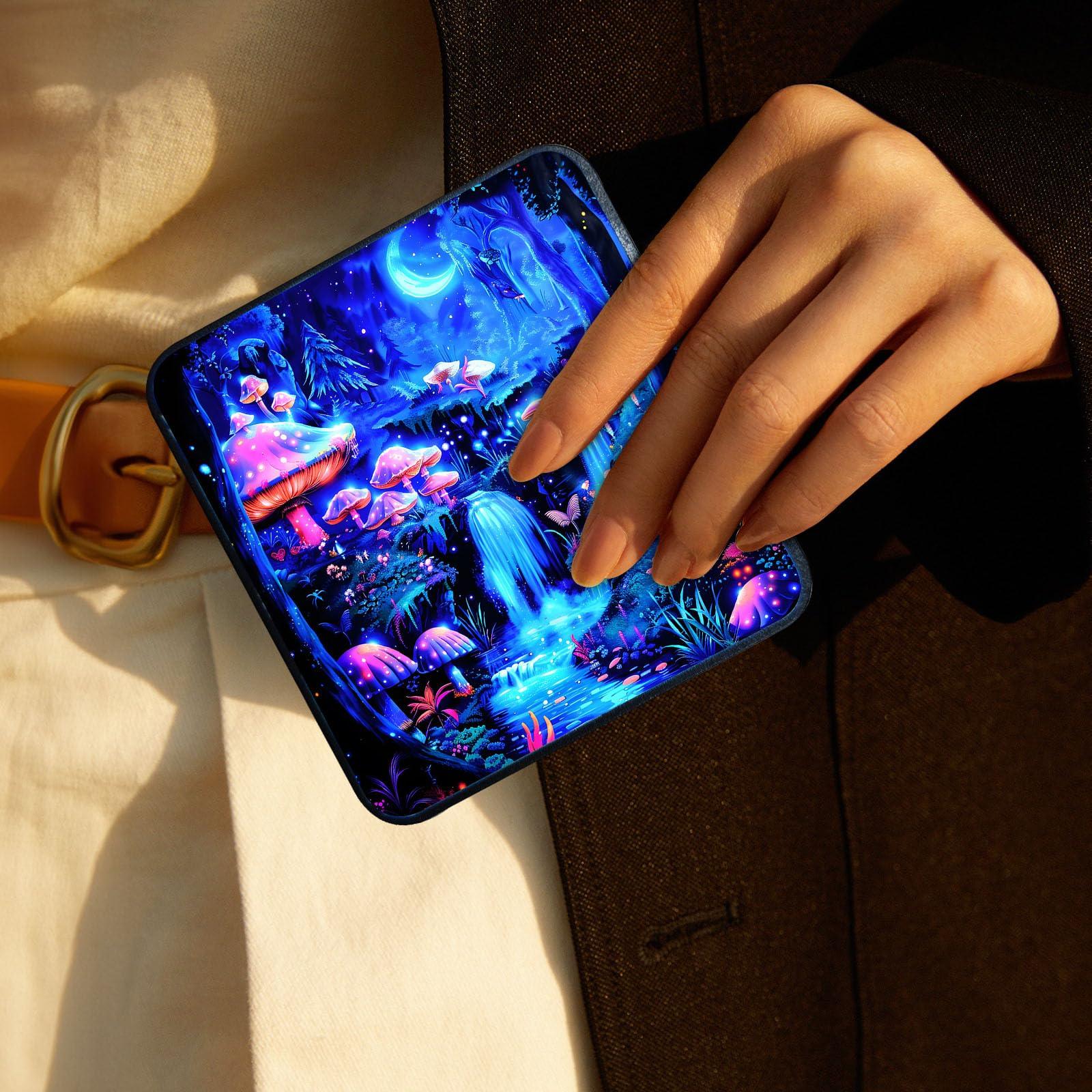 FXIANGWL FXIANGWL Folding Mirror Double Sided Mini Makeup Mirror, Small Makeup Mirror, Portable Mirror for Makeup, 2.8 x 2.29 inch with Black Card Holder(Neon Mushroom)