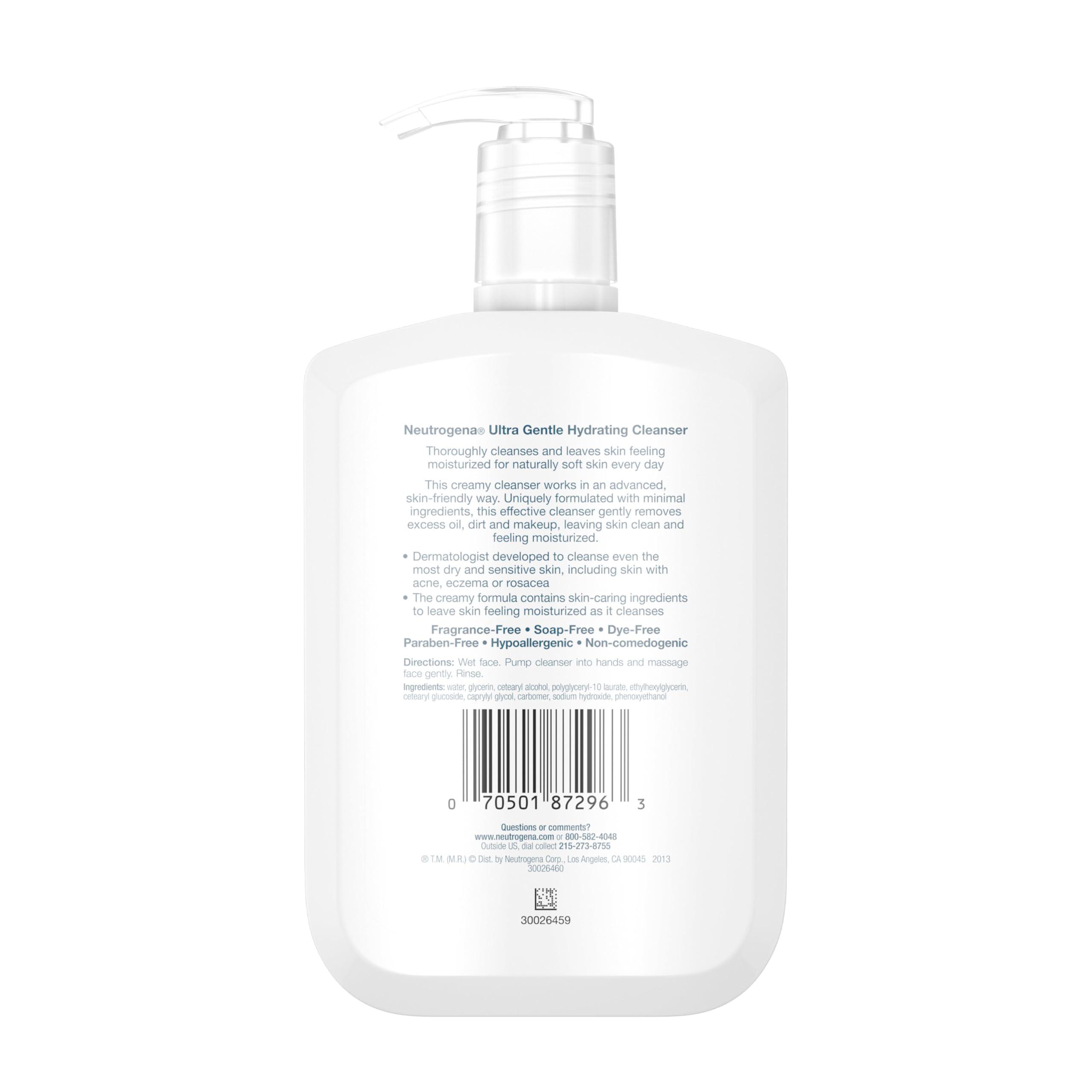 Neutrogena Neutrogena Ultra Gentle Hydrating Facial Cleanser, Non-Foaming Face Wash for Sensitive Skin, Gently Cleanses Face Without Over Drying, Oil-Free, Soap-Free, Fragrance-Free, 12 fl. oz