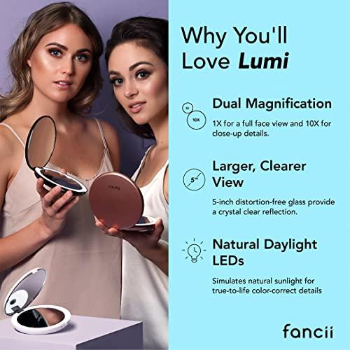 Fancii Fancii LED Lighted Travel Makeup Mirror, 1x/10x Magnification - Daylight LED, Compact, Portable, Large 5" Wide Illuminated Folding Mirror (Lumi) Silk White