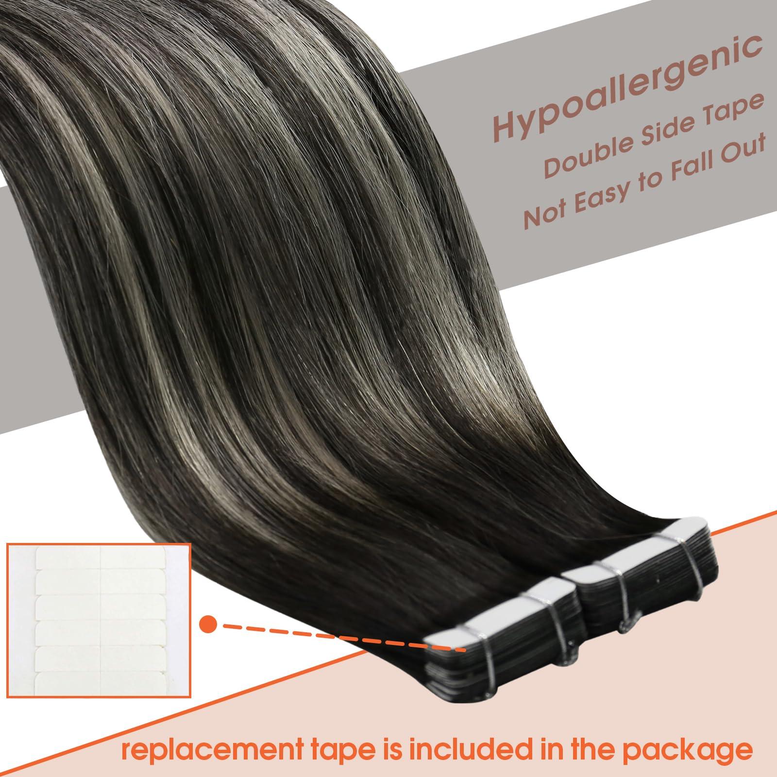 Sunny Hair Sunny Hair Extensions Real Human Hair Tape in Black Ombre Tape in Hair Extensions Human Hair Black Roots to Silver Grey Balayage Tape in Extensions Straight Hair Extension Black Ombre 20pcs 50g 20inch