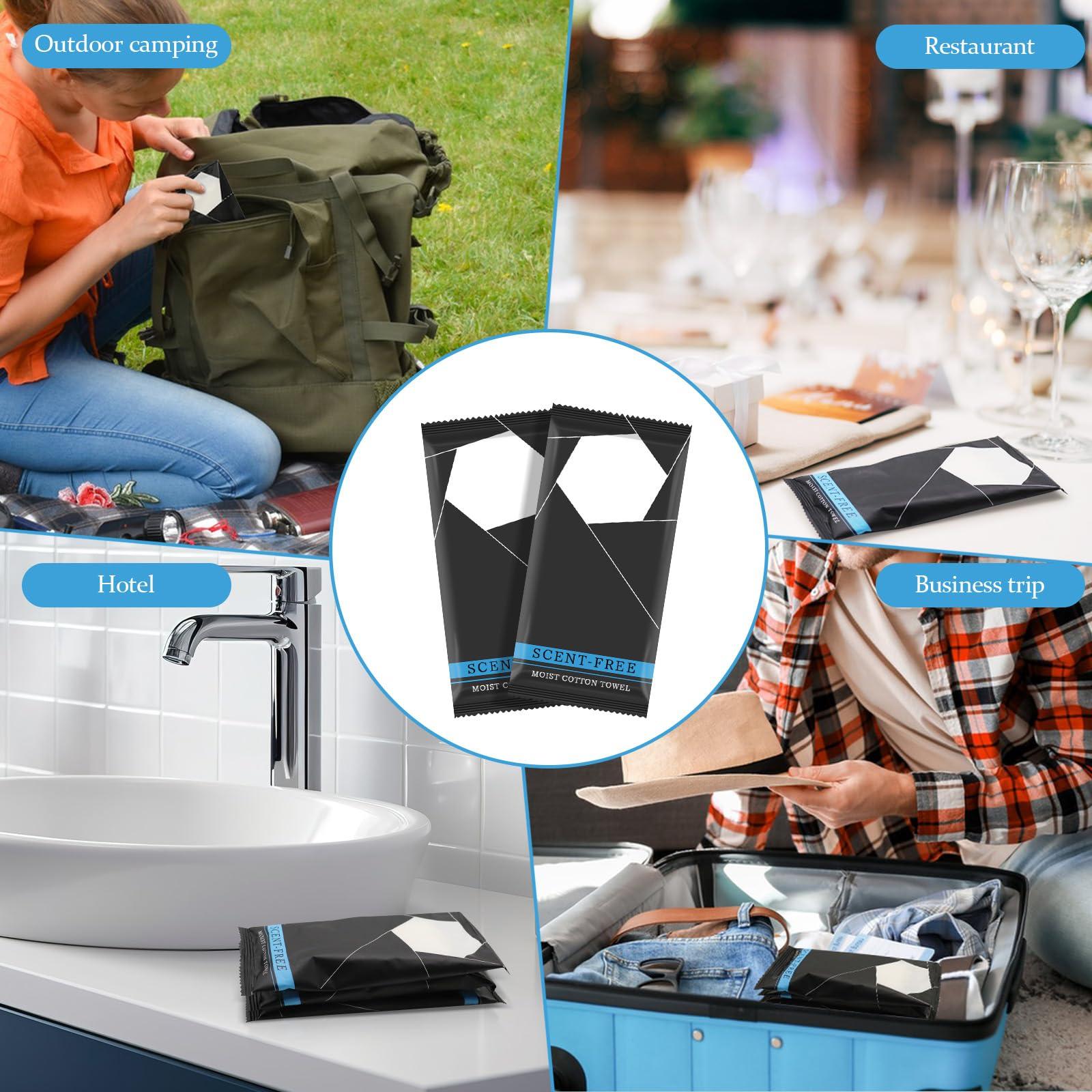 PSPIKXEG 150 Count White Moist Towel Towelettes Individually Wrapped,8.5\'\'x8.5\'\' Unscented Disposable Wet Hand Towels Bulk,Single Use Individually Wrapped Washcloths for Travel Camping Sport Spa Party,Wedding