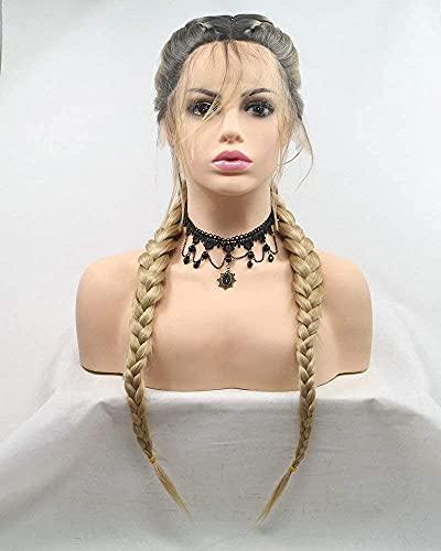 RainaHair Blonde Double Braided Wigs with Baby Hair Heat Resistant Synthetic Lace Front Wigs for Women Female Dark Roots Ombre Blonde Natural 2x Twist Braids Long Hair Glueless Synthetic Wig