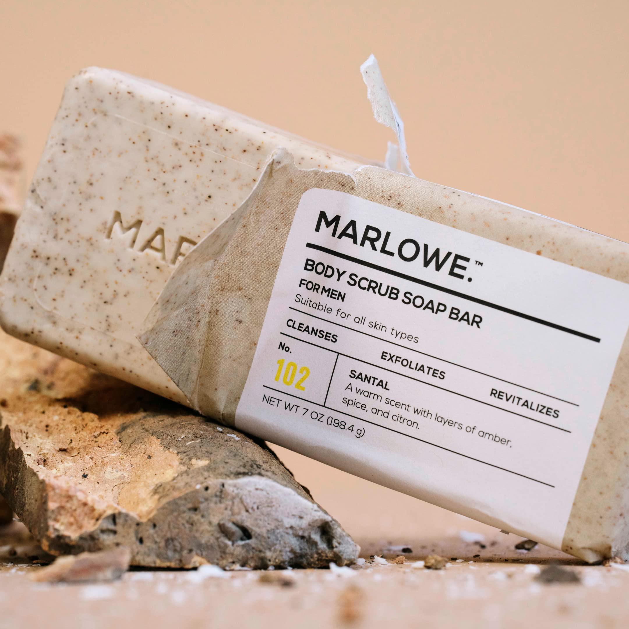 MARLOWE. M BLEND MARLOWE. No. 102 Men\'s Body Scrub Soap 7 oz (3 Bars) Warm Santal Scent, Best Exfoliating Bar for Men, Made with Natural Ingredients, Apricot Seed Powder, Shea Butter, Olive Oil, Green Tea Extracts