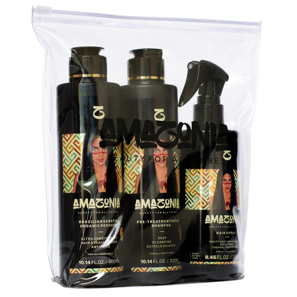 AMAZONIA BEAUTY FOR ALL TRIBES Organic Brazilian Keratin Hair Treatment Kit | Beauty For All Tribes | 3 Products: Pre-Treatment Detox Shampoo | Keratin Reducer Straightening Anti-Frizz | Multifunction Finishing Spray