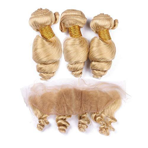 Generic #613 Blonde Loose Wave Brazilian Human Hair 3 Bundles and Frontal Ear to Ear 4Pcs Lot Bleach Blonde Loose Wavy Virgin Human Hair Lace Frontal 13x4 with Weave Wefts (10 10 10 with 8)