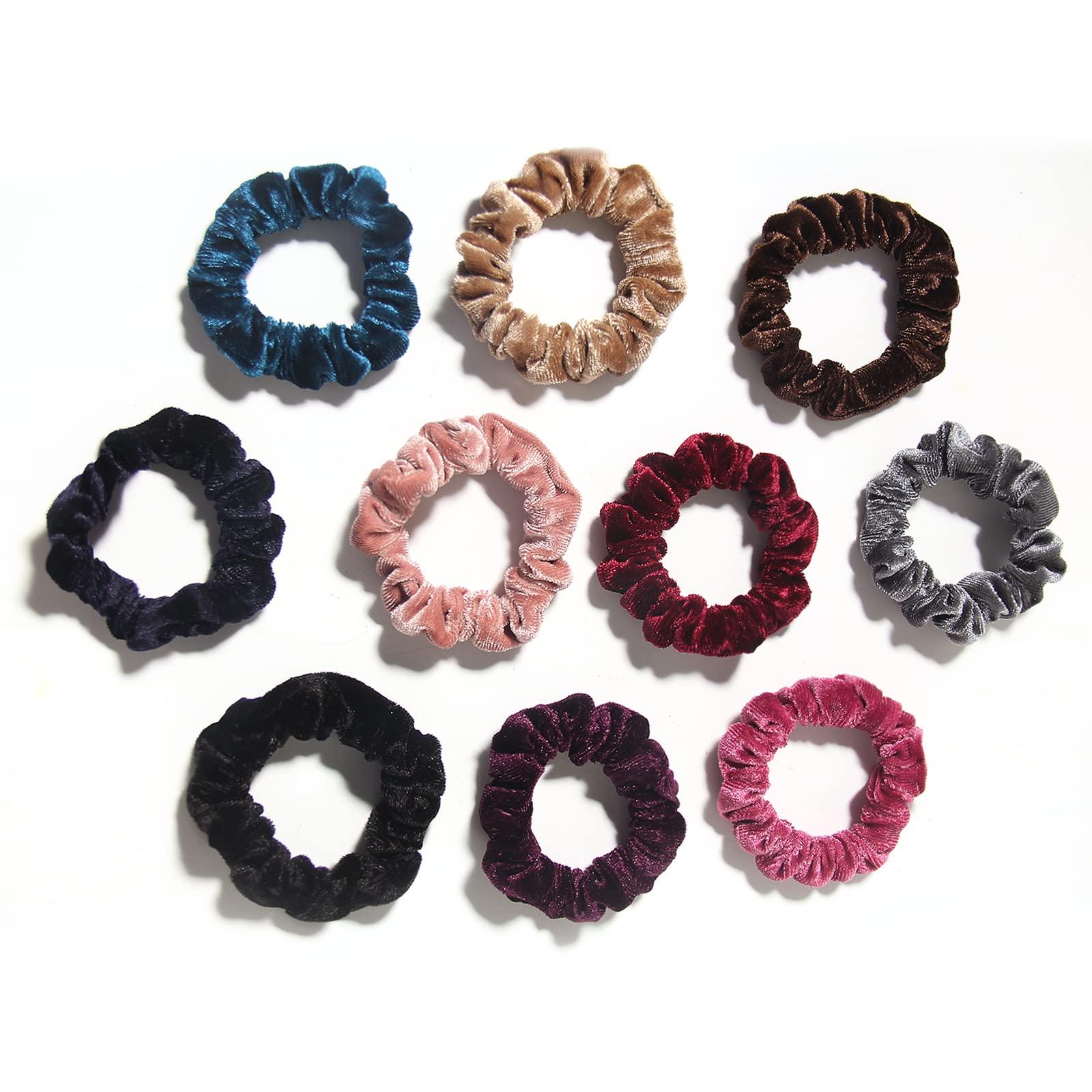 LFOUVRE Pack of 10 Small Velvet Scrunchies for Women Hair Accessories - LFOUVRE Rubber Hair Bands for Thick and Thin Hair, Mini Ponytail Holders with Elastic Hair Ties