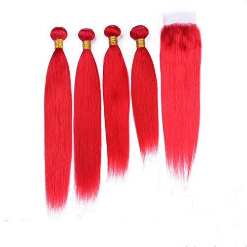 Tony beauty hair Tony Beauty Hair 9A Best Quality Brazilian Red Human Hair Weave Bundles 4Pcs with Top Closure Bright Red Virgin Hair Weft Extensions Straight with Lace Closure Piece 4x4 (24 26 28 30+24)