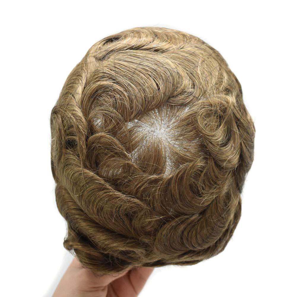 LYRICAL HAIR LYRICAL HAIR Toupee for Men Human Hairpiece Hair System Replacement Fine Mono Lace Durable PU Poly Skin Monofilament Wig Black Brown (8\"x10\", 1740# - 17# Dark Ash Blonde+40% Gray)