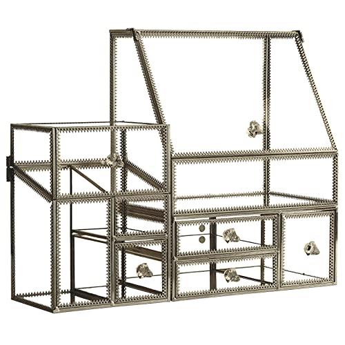 Hersoo Stackable 3Pieces Drawer Set Glass Makeup Organizer Antique Countertop Vanity Cosmetic Storage Box Mirror Glass Beauty Display, Holder for Brushes Lipsticks Skincare Toner with free Pearl (Brass)