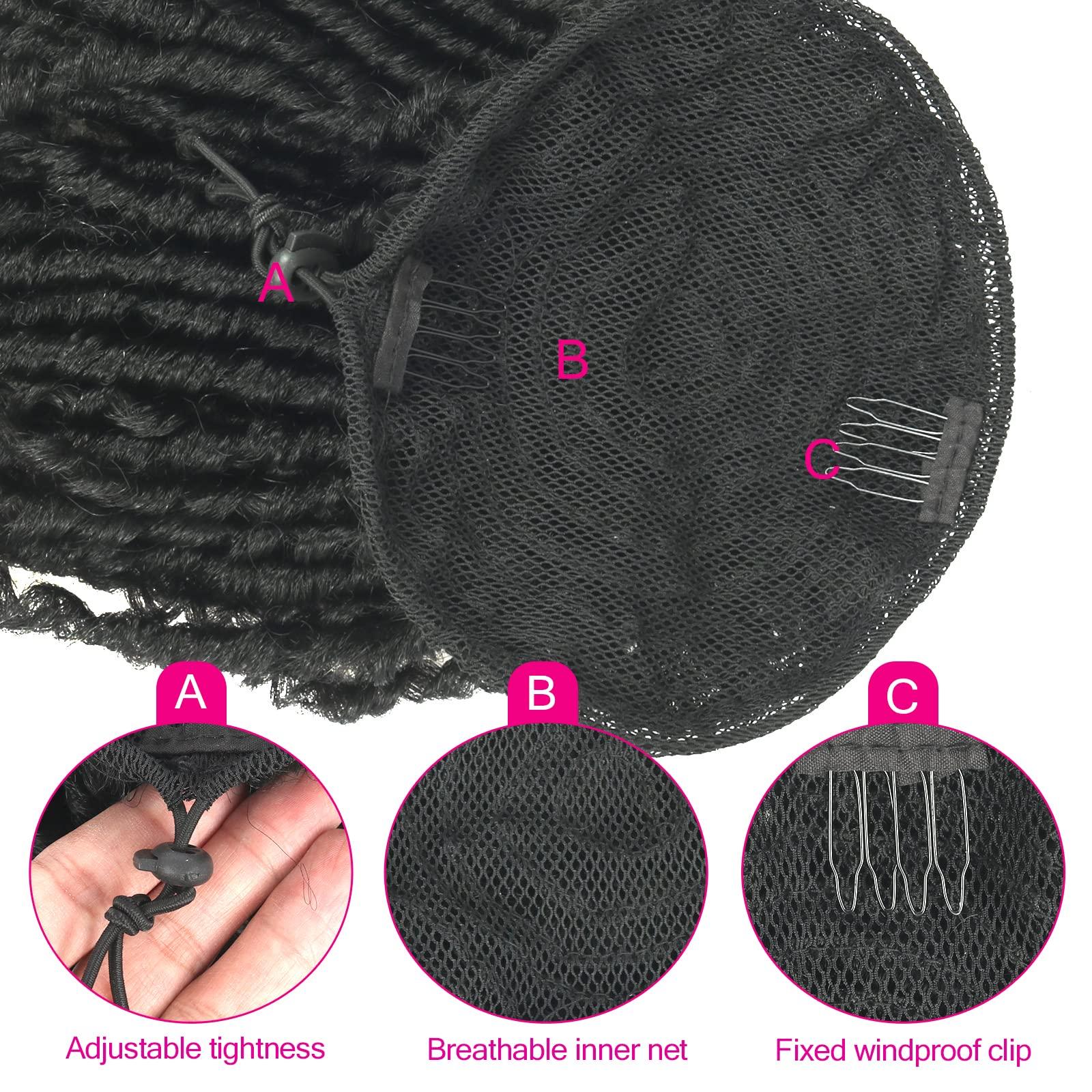 Oseti Oseti Dreadlock Curly Black Loc Drawstring Ponytail for Black Women, Short Loc Petal Bun Loc Accessories Clip in on Ponytails Hair Extensions Fake Ponytail Synthetic Hair Pieces for Black Women