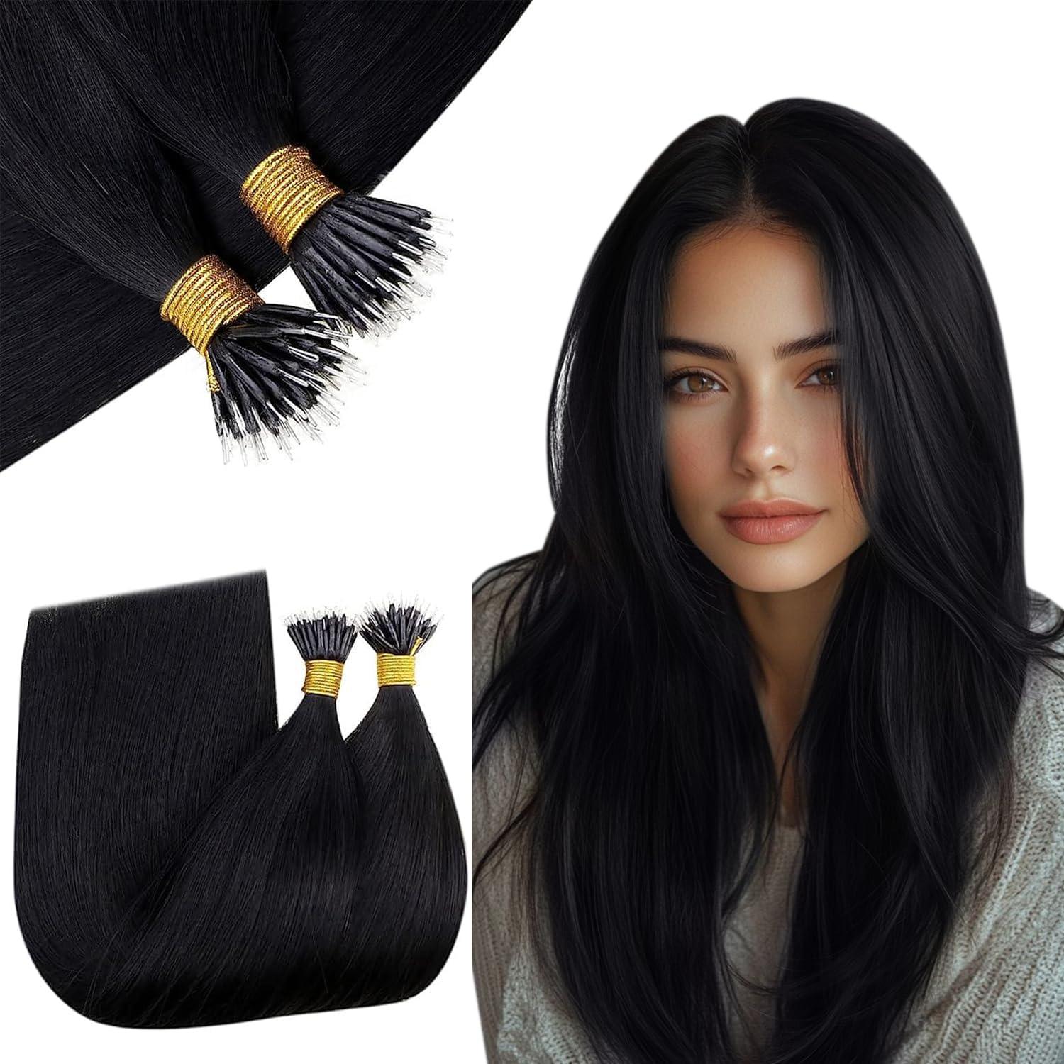 RUNATURE RUNATURE Nano Hair Extensions Human Hair 24 Inch Jet Black Nano Ring Hair Extensions Brazilian Straight Nano Bead Hair Extensions Human Hair Invisible Nano Human Hair Extensions Long 50g 50s