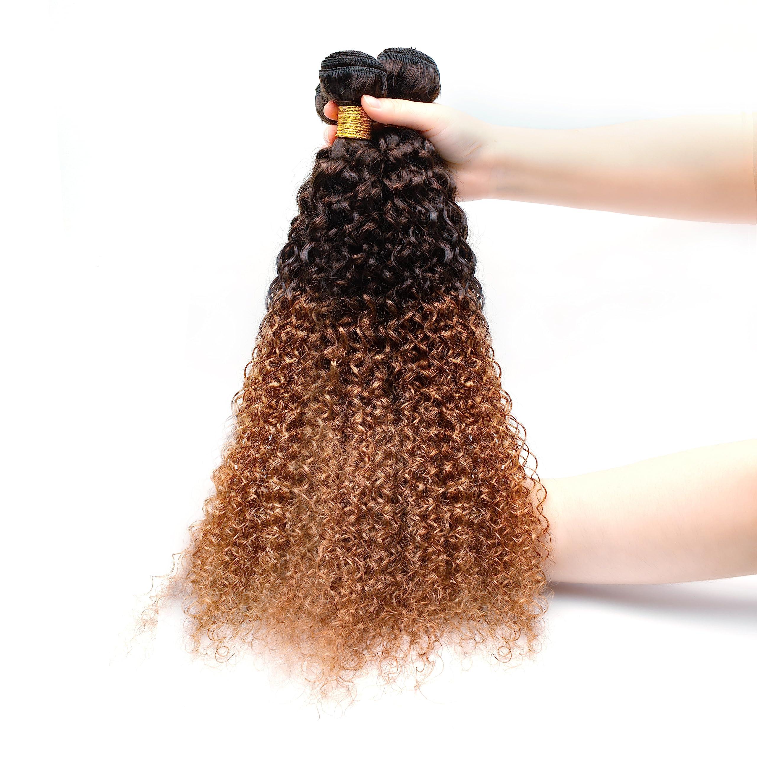 FASHION VILA Curly Bundles Human Hair 2 Tone Ombre Brazilian Virgin Hair 3 Bundles Human Hair Weave Bundles 100% Unprocessed Kinky Curly Human Hair Extensions T4/30 Medium Brown/Medium Auburn(22 24 26)