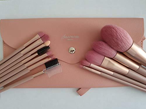 Sazonova Beauty Sazonova Beauty 12 Pcs Vegan Cruelty Free Luxury Wood Handle Pink Make Up Brushes with PU Leather Bag (Pink)