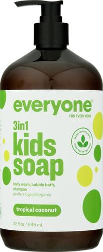 EO Everyone 3-in-1 Kids Soap, Body Wash, Bubble Bath, Shampoo, 32 Ounce (Pack of 4), Tropical Coconut, Coconut Cleanser with Plant Extracts and Pure Essential Oils