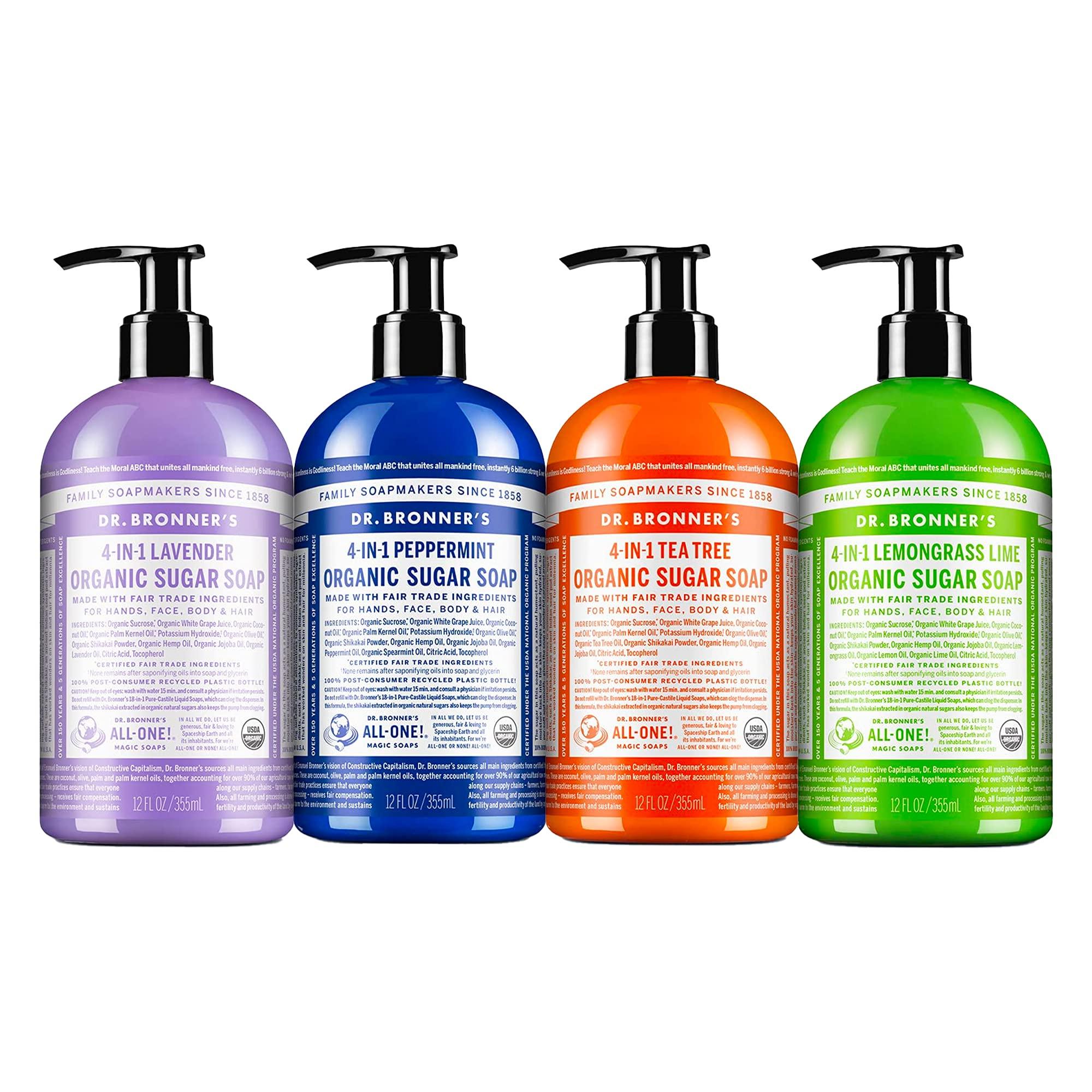 Dr. Bronner's Dr. Bronner\'s - Organic Sugar Soap (12 oz Variety Pack) Lavender, Peppermint, Tea Tree, & Lemongrass - Made with Organic Oils, Sugar & Shikakai Powder, 4-in-1 Use: Hands, Body, Face & Hair | 4 Count