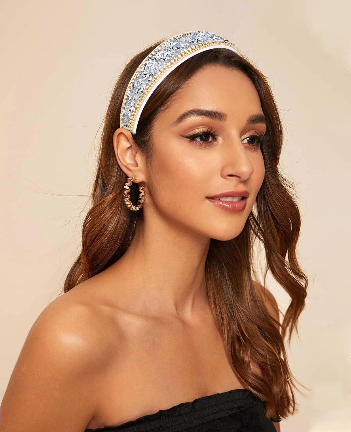 Wecoe Wecoe 1pc Silver Rhinestone Headband Women 1.6 Inch Wide Headband Fancy Sparkly Bling Diamond Headband Fashion Non Slip Luxury Beaded Jeweled Headband Costume Hair Accessories For Women Girls Gifts
