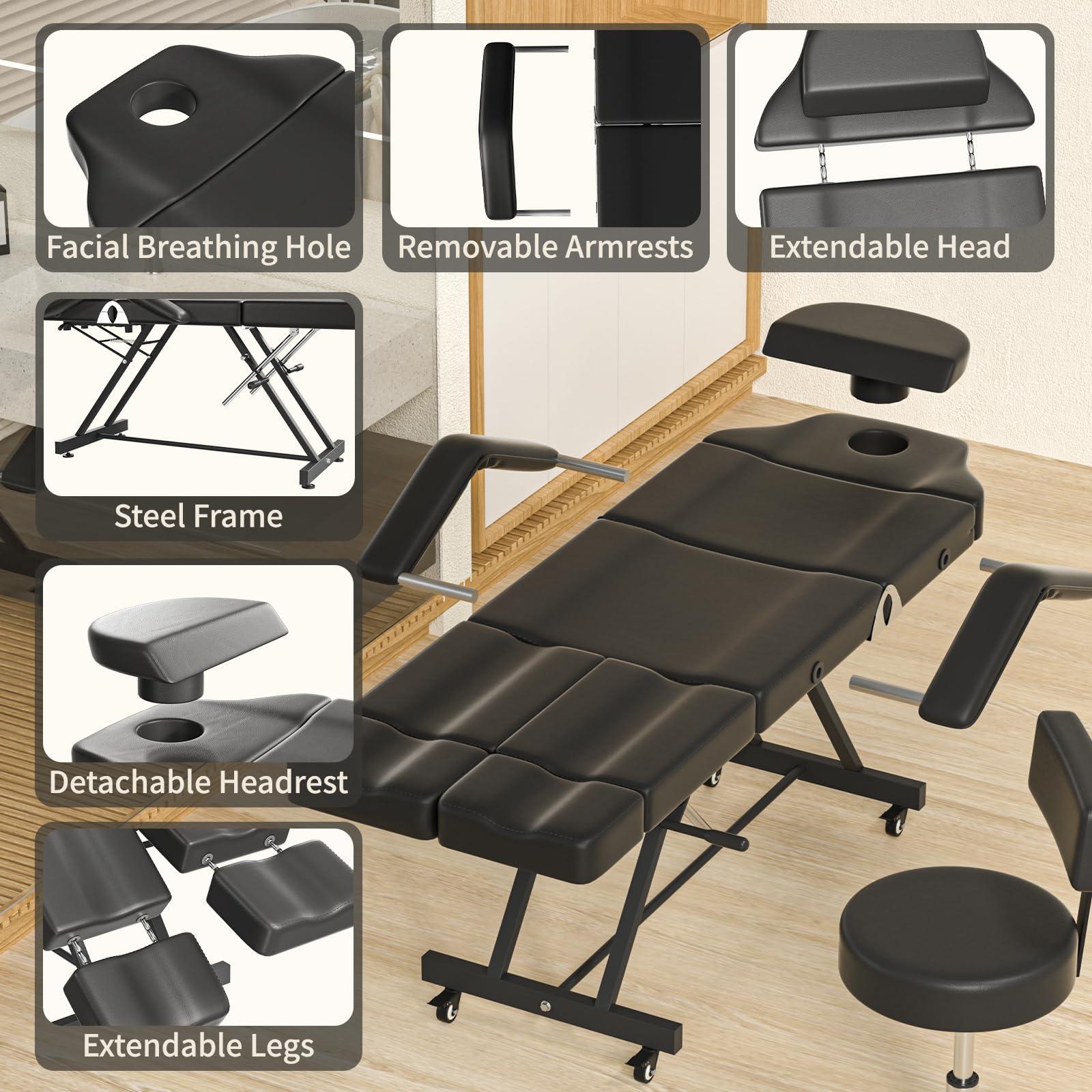 Charmmade Tattoo Chair for Client with Wheels Adjustable Facial Bed for Esthetician Multi-use Massage Table Professional Tattoo Chair for Clients Hold Up to 440lbs, Black