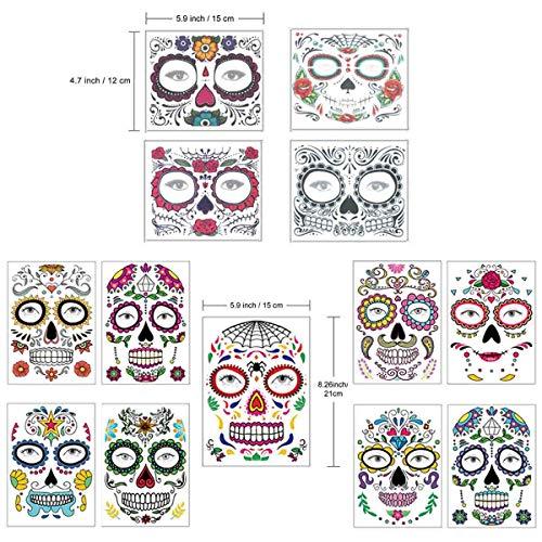 COKOHAPPY COKOHAPPY Halloween Temporary Face Tattoos Makeup Kit (13 Pack), Day of the Dead Sugar Skull Floral Black Skeleton Web Red Roses Full Face Mask Stickers Tattoo Families Party Supplies