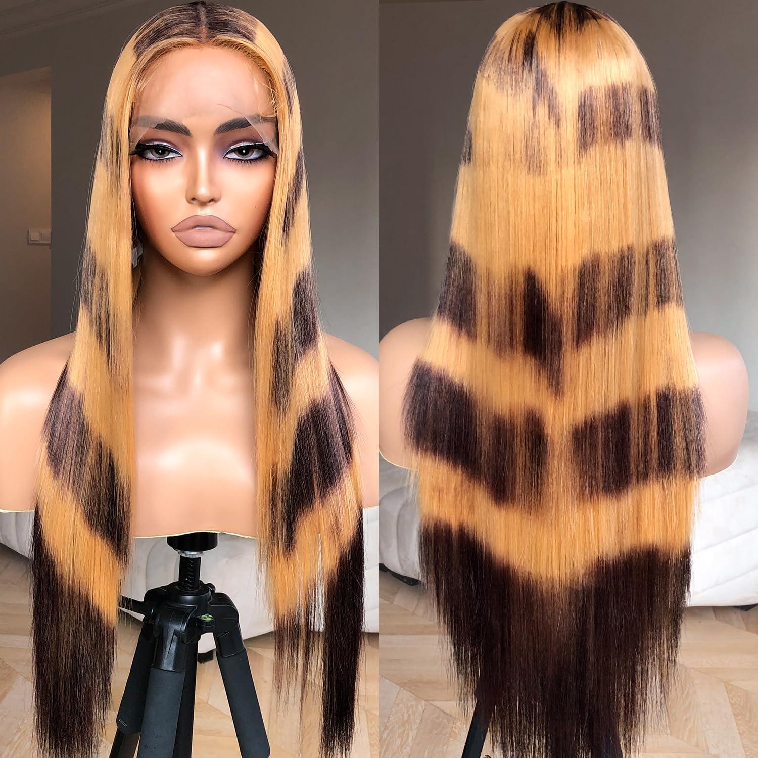 BrownBomb BrownBomb Raccoon Tail Wig Synthetic Lace Front Wig Animal Print Straight Wig, Blonde and Brown Stripes Wig Tiger Print, y2k Wig Raccoon Hair Wigs 26inch