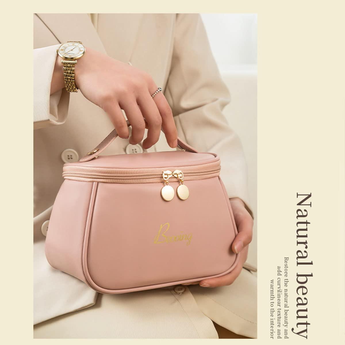 cirea cirea Cube Style PU Modern Simple and Large Capacity Cosmetic Bag for Easy Carrying of Travel Ladies' Makeup Bag (Pink)