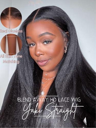 Beauty Forever Beauty Forever 5x5 Thin HD BlendAway Lace Closure Glueless Human Hair Wigs Yaki Straight with Bye Bye Knots Pre Cut Pre Plucked Front Wig Bleached Knots Match All Skin Tones 180% Density 22inch