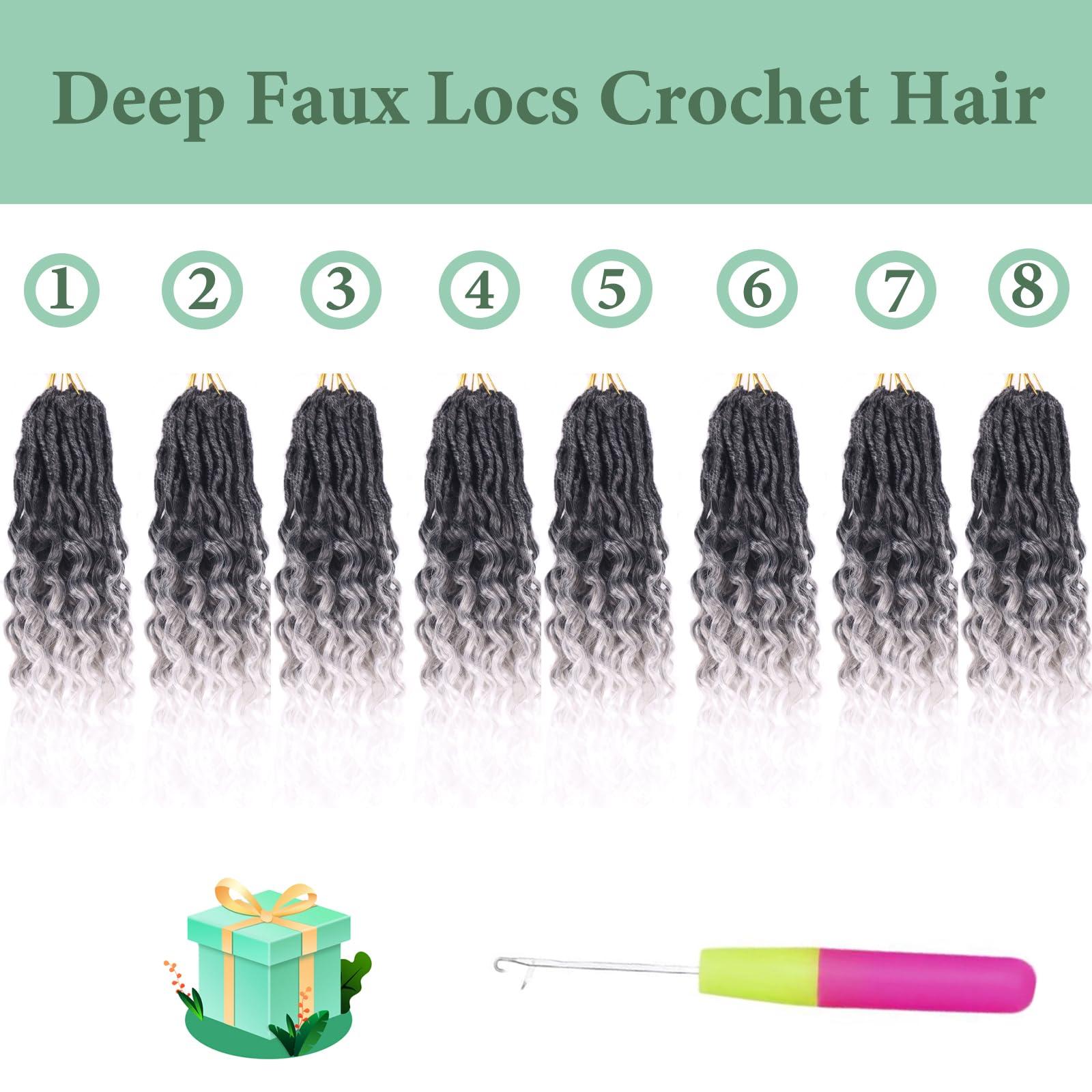 CUUKEA Deep Faux Locs Crochet Hair With Curly Ends 14 Inch Soft Locs Pre looped Goddess Locs Crochet Hair Deep Wave Crochet Braids for Women Locs Crochet Hair(Black to white)
